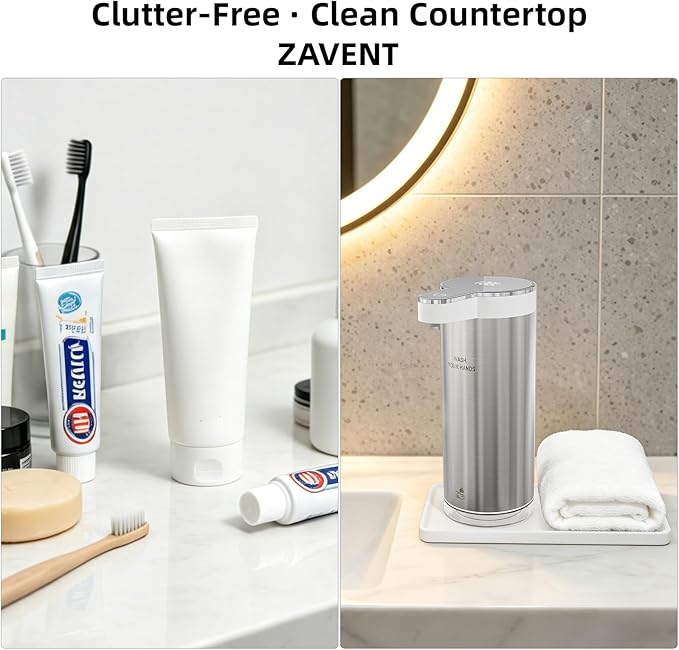 ZAVENT™ Touchless Automatic Soap Dispenser with Compact Black & White Organizer Tray for Kitchen & Bathroom Countertop, Stainless Steel Sensor Dispenser, Modern Design
