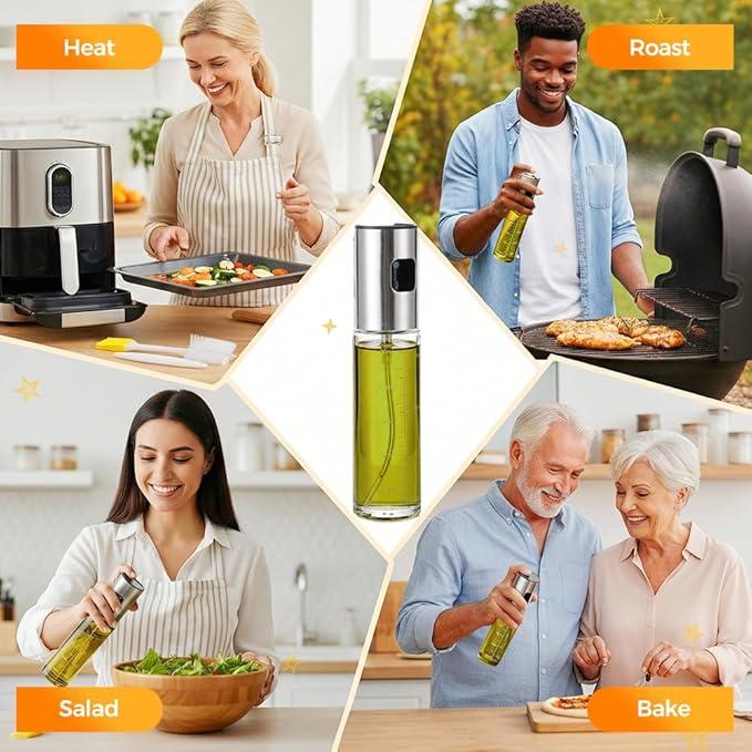 Oil Sprayer for Cooking,Olive Oil Sprayer,3.38 Oz/100ml,Press Oil Spray Pot with Scales,304 Stainless Steel Glass Oil Spray Bottle for Salad, Baking, BBQ, Air Fryer Accessories (1 Bottle)