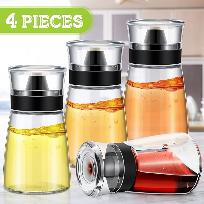 4 Pieces 5.4 oz Oil and Vinegar Dispenser Set with No Drip Tops, Glass Cruet Bottles Clear Olive Oil Bottles Soy Sauce Dispenser Cooking Oil Container Leakproof for Kitchen Barbecue Salad Dressing