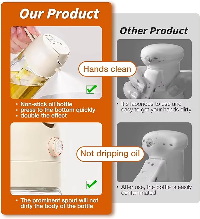 Glass Olive Oil Sprayer for Cooking with Stickers, 2-in-1 Oil Dispenser Bottle for Kitchen, Premium Food-Grade Spray Bottle for Olive Oil, Vinegar, Salad, Frying, BBQ, Baking & Air Fryer