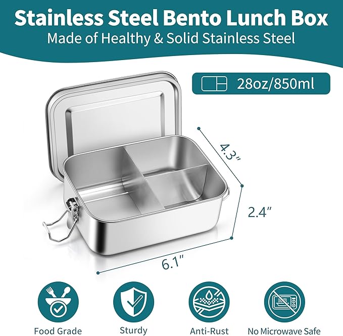 TeamFar Stainless Steel Bento Box, 28oz/850ML Metal Lunch Box with Leak-Proof Lid for Adults/Kids, Lunch Food Containers with 3 Compartments for School/Work/Meal Prep, Heavy Duty & Dishwasher Safe