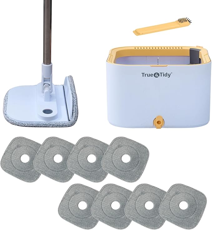 True & Tidy® TrueClean Mop and Bucket System Plus with New Easy Lift Inner Bucket, Self Wringing, Separates Clean from Dirty Water, Folding Mop Head, Dual Brush System, 8-pc Machine Washable Mop Pads