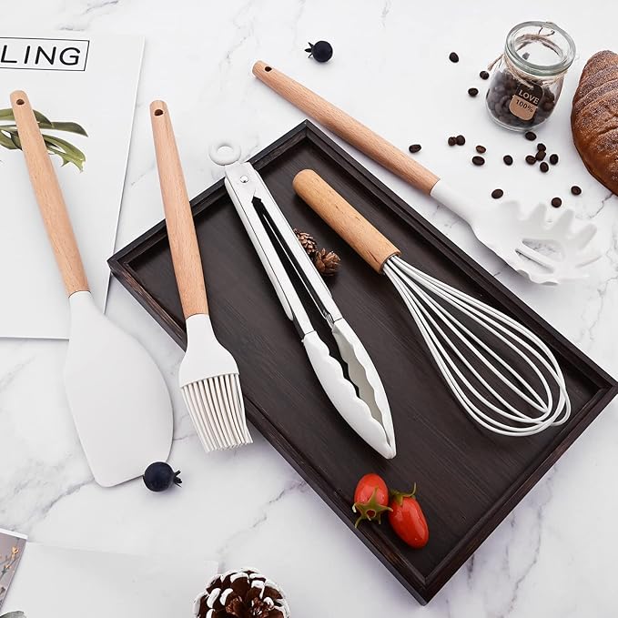 12pcs Wooden Handle Silicone Kitchen Utensils Set, Non-Stick Silicone Cooking Utensils, White Spatula Set, Turner Spoon, Brush Whisk, Gadgets Tools for Cookware Baking
