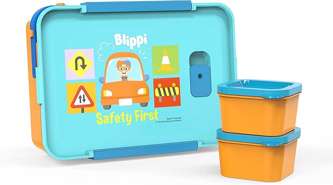 Zak Designs Blippi Reusable Plastic Bento Box with Leak-Proof Seal, Carrying Handle, Microwave Steam Vent, and Individual Containers for Kids' Packed Lunch (3-Piece Set)