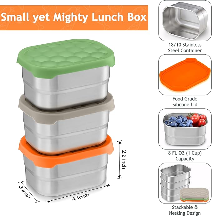 Homikit 3 Pack Snack Containers for Kids, 18/10 Stainless Steel Toddler Lunch Box with Silicone Lids