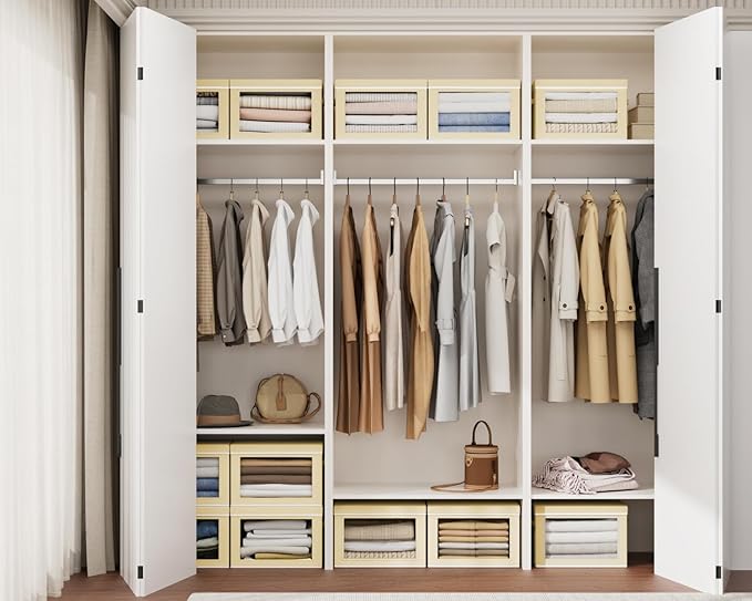 Homsorout Collapsible Storage Bins with Lids - Stackable Storage Containers with Window, 3 Pack Fabric Organizing Bins for Closet, Home & Office Organization Baskets, Beige, 14.9" x 9.8" x 9.8"