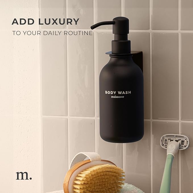 MAISONOVO Adhesive Soap Holder | Shampoo Bottle Holder Set of 2 - Black | Soap Bottle Holder | Wall Mounted Soap Holder | Soap Dispenser Holder