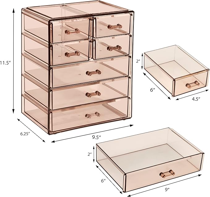 Sorbus Acrylic Makeup Organizer Set, 7-Drawer Vanity & Countertop Cosmetic Storage with Small & Wide Drawers, Bronze Glow Makeup Storage for Brushes
