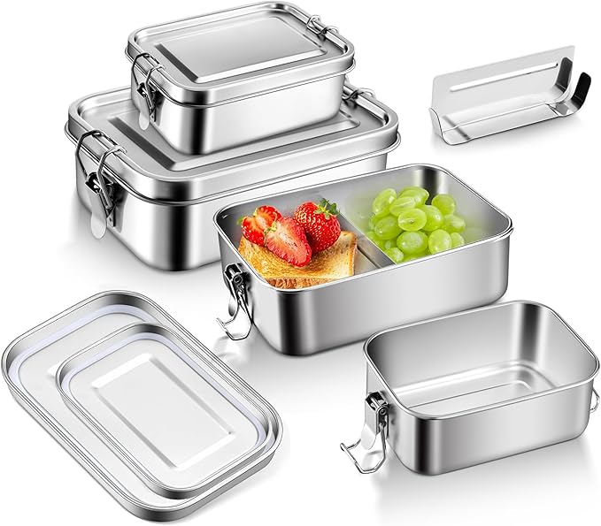E-far 4 Pieces Stainless Steel Bento Box, 550/550/850/1400ml Metal Lunch Box, Leak-Proof Lunch Food Container with Lids and Divider