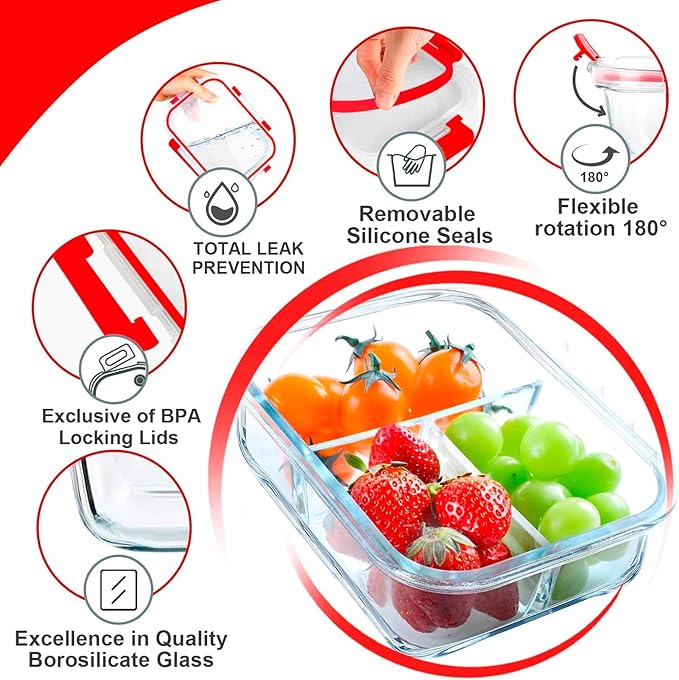 VERONES 5 Pack Glass Meal Prep Containers 3 Compartment Set, 36OZ Airtight Glass Lunch Containers, Glass Food Storage Containers with Lids