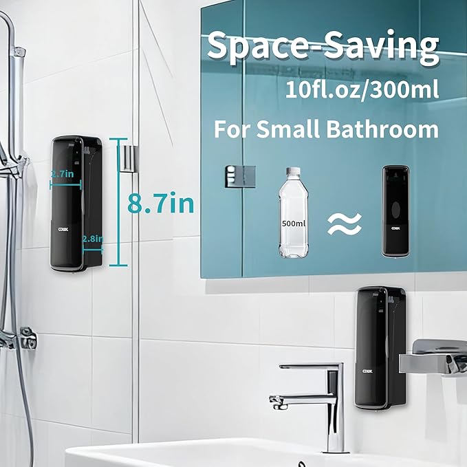 Wall-Mounted Shampoo Conditioner Dispenser, 300ml No Drill Refillable Shower Soap Dispenser, Waterproof Leak-Proof Wall Soap Holder, Modern Toiletries Organizer for Bathroom, Kitchen, Hotel, Black
