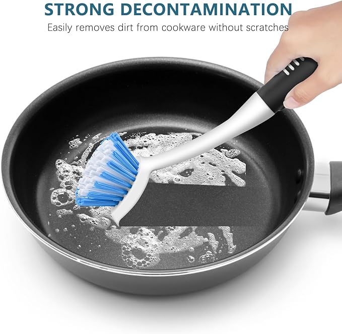 SetSail Dish Brush Set of 3 with Bottle Brush, Dish Scrub Brush with Long Handle Deep Cleaning Handle Brush with Scraper Tip for Kitchen Sink Dishes Bottle Cup Pot and Pans Tile Lines, Black Blue