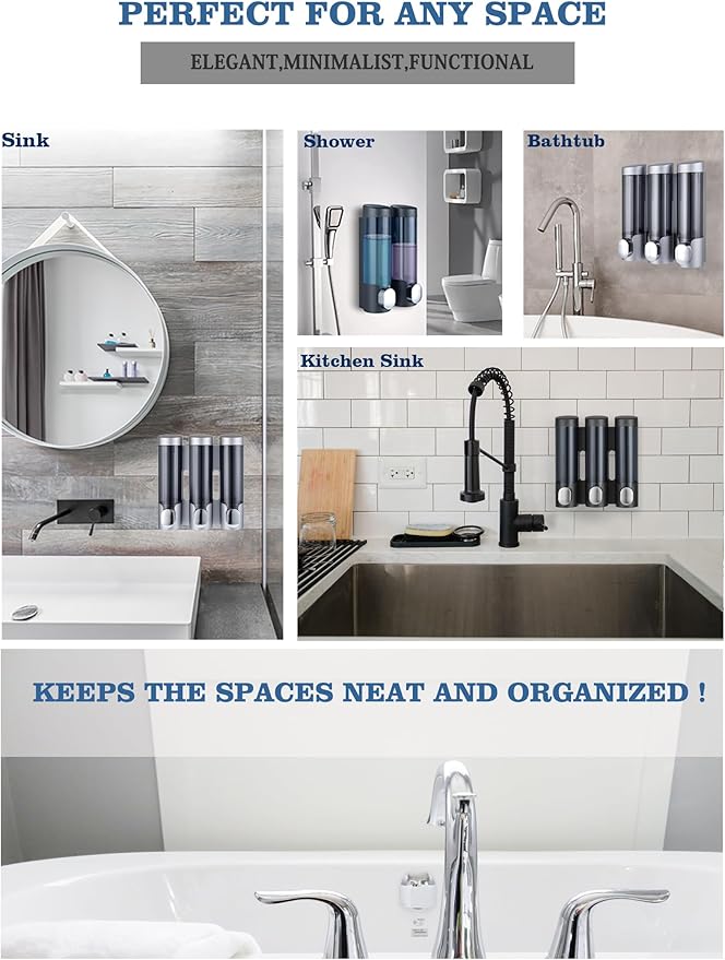 RANKADO Luxury Shower Soap Dispenser 3 Chamber No Drill,Soap Shampoo Conditioner Dispenser Bathroom Wall Mounted with Labels Hotel RV,Silver