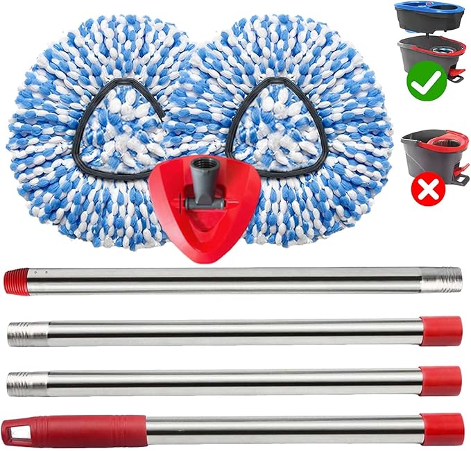 Spin Mop Replace Heads for O Cedar Rinse Clean 2 Tank System, Spin Mop Replacement Head 2 Microfiber Mop Refills, 1 Triangle Head Cover and 30-58in Handle