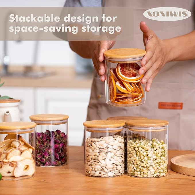 25oz 6PCS Round Airtight Glass Food Storage Jars, Clear Glass Food Storage Container with Bamboo Lid, Stackable Spice Jar, Kitchen Canister for Sugar, Tea, Coffee bean, Pasta, Oat, Spice