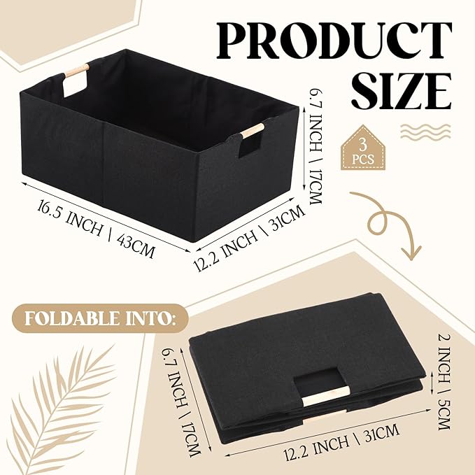 3 Pack Fabric Storage Bins for Closet Shelves, Black,16.5 x 12.2 x 6.7 Inch