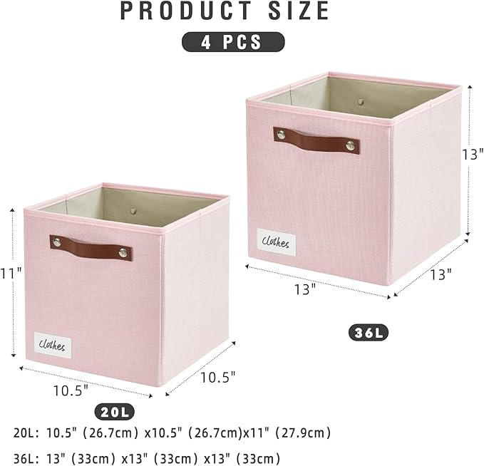 Bagnizer Collapsible Fabric Storage Cube Bins with 2 Reinforced PU Handles, Foldable Storage Organizer Baskets for Closet, Shelves, Living Room | 11"x11"x11", 4 Pack, Full Pink