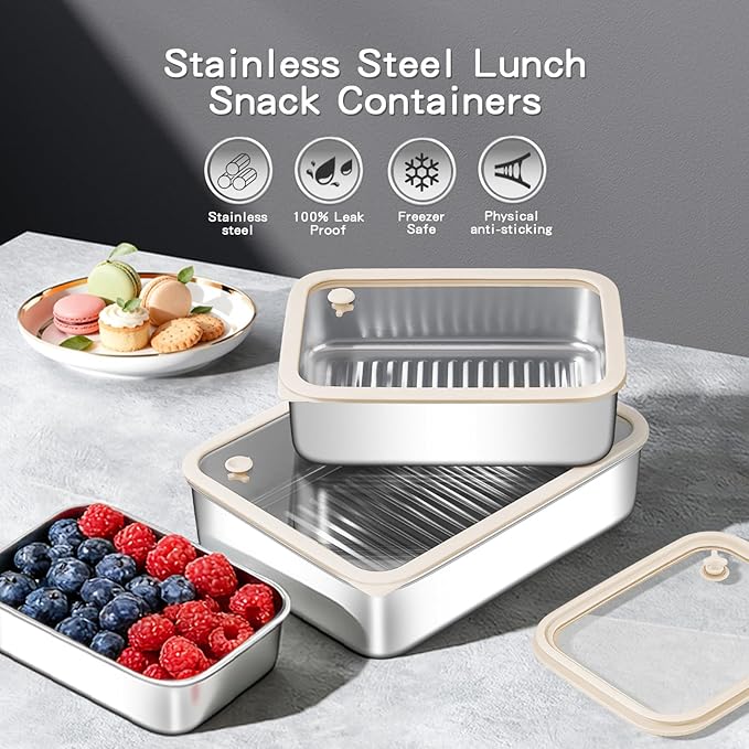 GIUOIDUO 3-Piece Extra Thick 304 Stainless Steel Food Storage Containers with Non-Stick Bottom, Airtight Glass Lids & Silicone Seal