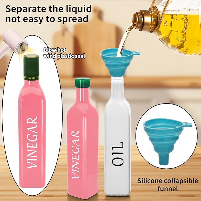 Olive Oil Dispenser Bottle,2 Pcs 17oz 500ml Glass O il and Vinegar Dispenser Set with 2 Stainless Steel Pourers, 8 Labels,Funnel Vinegar Bottles for Kitchen (White Oil & Pink Vinegar)