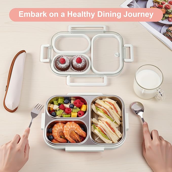 25oz 18/8 Stainless Steel Lunch Box Kit (Bento Box + Fork/Spoon) - 3 Leakproof Compartments - Metal Snack Box for Kids & Adults - School/Office/Travel