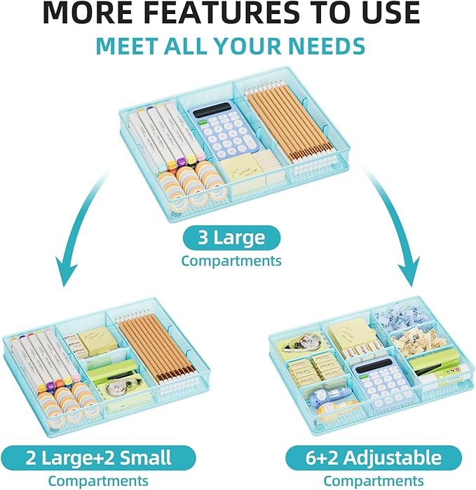 Marbrasse Desk Drawer Organizer, Metal Mesh Drawer Organizer Tray with 5 Adjustable Compartments,Desk Organizers and Accessories for Home,Office