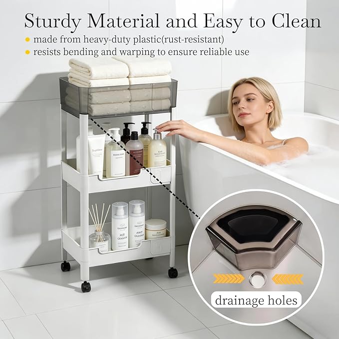 3 Tier Rolling Cart with Wheels 4.7'' Deep Baskets Bathroom Storage Shelf Heavy