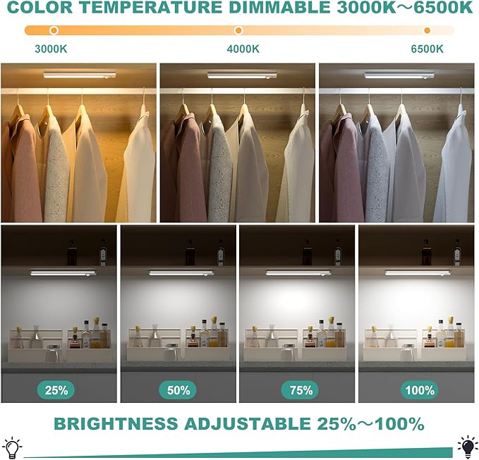 Under Cabinet Lights Motion Sensor 3 Color Temperatures LED Closet Light, USB-C Rechargeable Under Counter Lights Night Light for Kitchen, Wardrobe (Silver - 3 Color Remote, 8.07 Inch - 3 Pack)