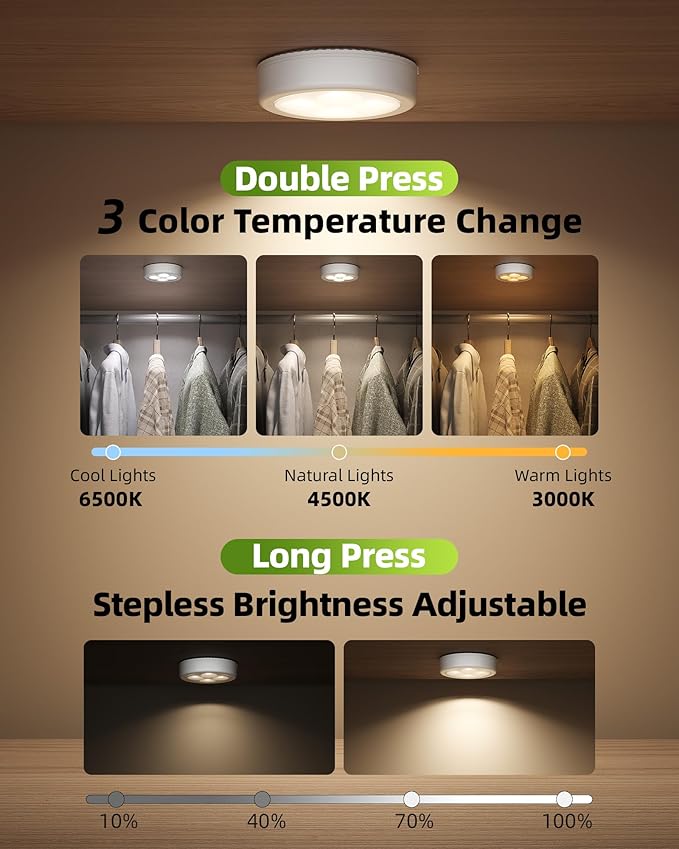 EZVALO LED Puck Lights, Rechargeable Stick On Tap Lights, Wireless Closet Light, 3 Color Temps, Under Cabinet Lights, 2.5'' Mini Touch Light, Ideal for Kitchen,Closet,Pantry,Shelves,Camper(6 Pack)
