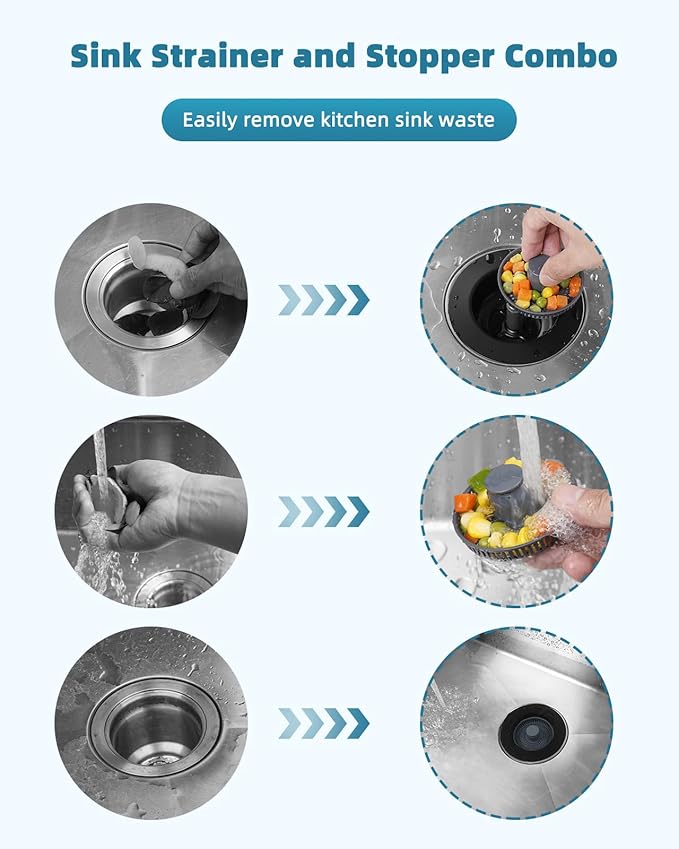 Universal 3 in 1 Kitchen Sink Drain Strainer Stopper Combo, Black Stainless Steel Shell Pop Up Sink Stopper for US Standard 3-1/2 inch Drain Filter