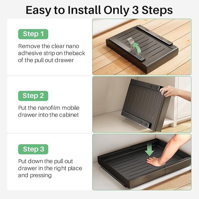 Kitstorack Pull out Cabinet Organizer, Expandable(11.7"-19.7") Heavy Duty Slide out Drawer Fixed with Adhesive Nano Film for Pots, Roll out Shelf Storage for Kitchen Base Cabinet Organization(Black)