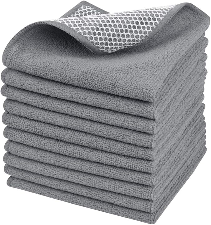 SINLAND Microfiber Dish Cloths Dish Rags for Washing Dishes Best Kitchen Washcloth Cleaning Cloths with Poly Scour Side 12Inchx12Inch 10Pack Grey