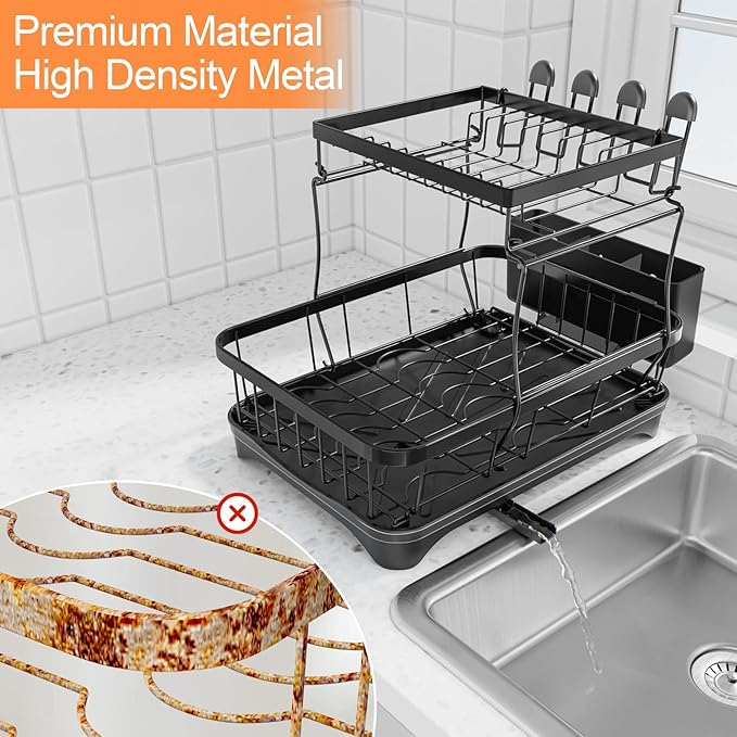 Dish Drying Rack Two-Tier Drying Rack with Utensil Holder, Auto-Draining Dish Rack for Kitchen Counter, Large Capacity for Plates, Bowls, Cups, Dish Drainer with Drainboard, Black