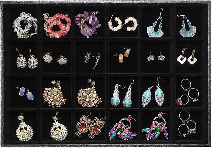 Wudygirl Jewelry Organizer Tray for Drawer 24 Grid Earring Holder Organizer Removable Dividers for Ring Earring Bracelet(24 Grid)
