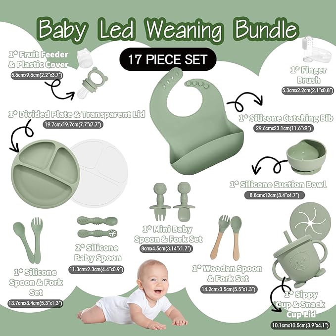 Baby Led Weaning Supplies, 17 Piece BPA-Free Silicone Feeding Set, Eating Essentials Baby Utensils with Suction Plate and Bowl, Pocket Bib