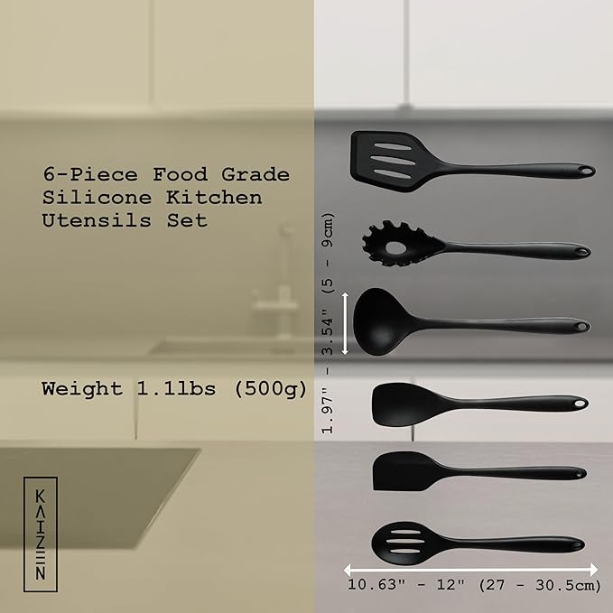 KAIZEN 6 Piece Silicone Utensils Set - All-Purpose Cooking Utensils Set for Kitchen - Non-Stick, Scratch & Heat Resistant Spoon & Spatula Set - Durable & Food Grade Cookware Tools (Black)