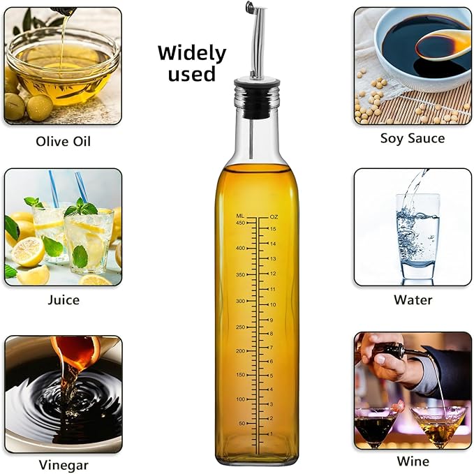 1 Pc 17oz Olive Oil Dispenser Bottle,500ml Glass Oil and Vinegar Dispenser Set with 1 Stainless Steel Pourers,Funnel Oil Bottles for Kitchen (Clear Scale)