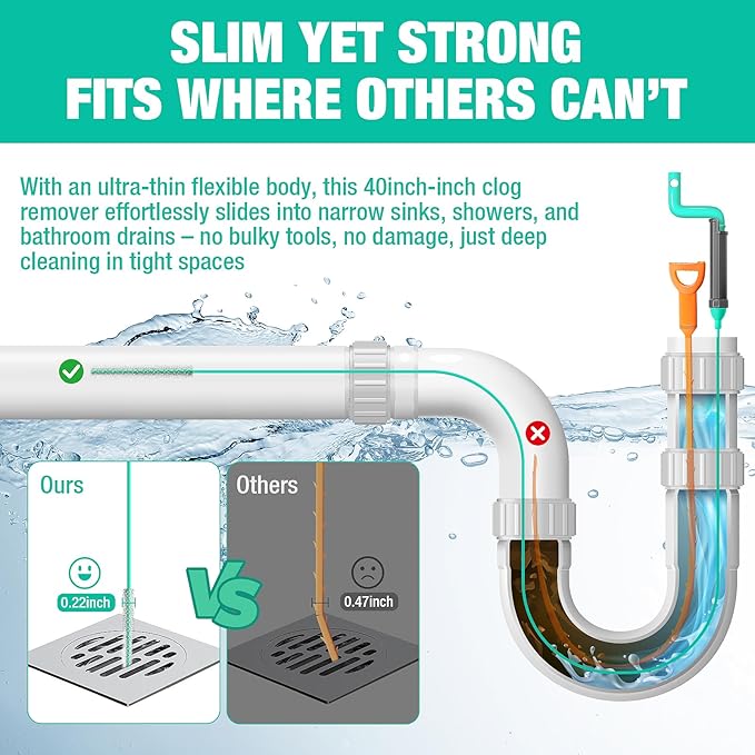 Rotating Handle Drain Snake - 40 Inch Steel Wire Hair Drain Clog Remover, Heavy Duty Flexible Plumbing Snake for Shower, Sink, Toilet