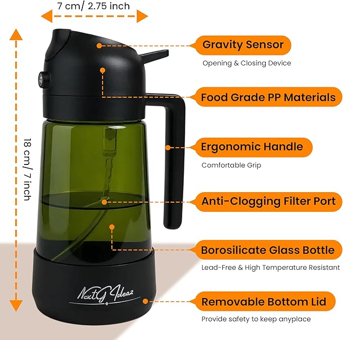 Oil Dispenser, 2 In 1 Cooking Oil Sprayer and Pourer, Non-Drip Spout for Kitchen Oil, Air Fryer, Salad, Grill, 16oz/470ml with Silicone-Encased Base (Black Cap, Green Bottle)