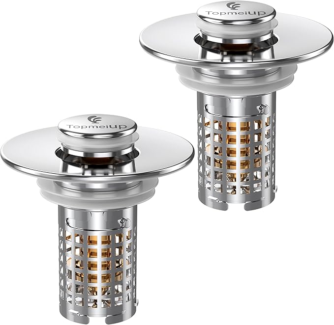 Sink Stopper Hair Catcher(New-2pcs), Pop-up Sink Drain Strainer with Removable Stainless Steel Strainer Basket Hair Catcher