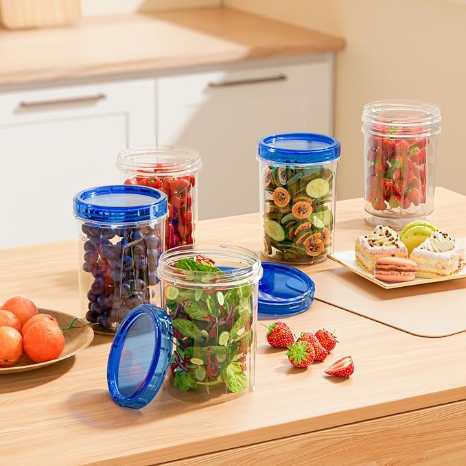 [32 oz 6 Pack] Food Storage Freezer Containers Clear bottom With blue Twist Top Lids Reusable, Plastic Airtight Meal Prep Containers BPA Free