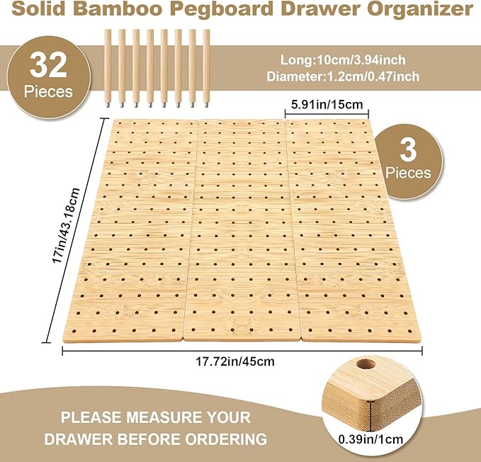 Kigley 3 Pcs Bamboo Wood Pegboard Drawer Organizer with 32 Pegs Wooden Peg Board Drawer Shelf Organizer Adjustable Peg System for Dishes Plate Pot Container Cookware Utensil Kitchen