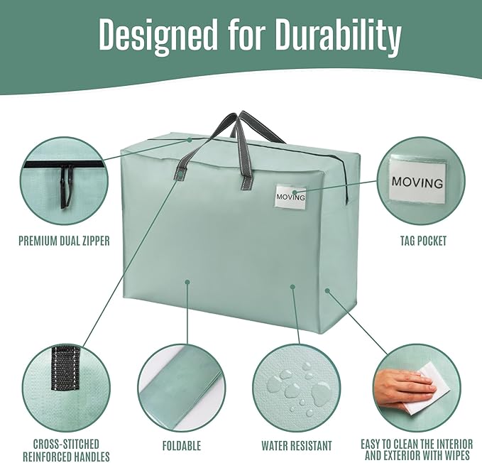 VENO 4 Pack Heavy Duty Moving Bags, Storage Bags, Packing Supplies, Top Zipper, Storage Totes for Camping, Clothes, Bedding, Comforters, Pillows (27 Gallon Light Green, 4 Pack)