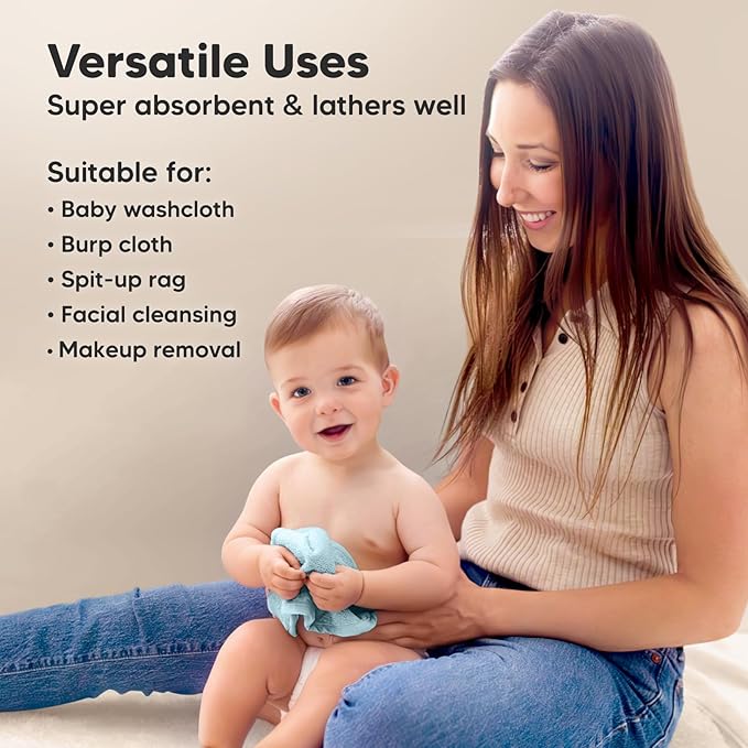 6-Pack Baby Washcloths – Soft Absorbent Viscose from Bamboo Washcloths for Face, Body, Baby Towels for Newborn, Kids, Toddlers, Infant, Gentle on Sensitive Skin, 10x10 Reusable Face Towels (White/Sky)