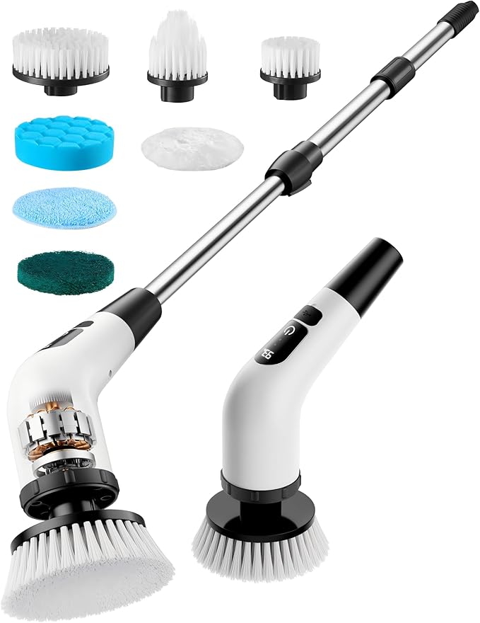 Powerful Electric Spin Scrubber, Cordless Cleaning Brush, Shower Scrubber,90-Min Extended Runtime, Telescopic Long Handle, 8 Replaceable Heads, 2 Speeds for Bathroom, Bathtub, Floor & Glass
