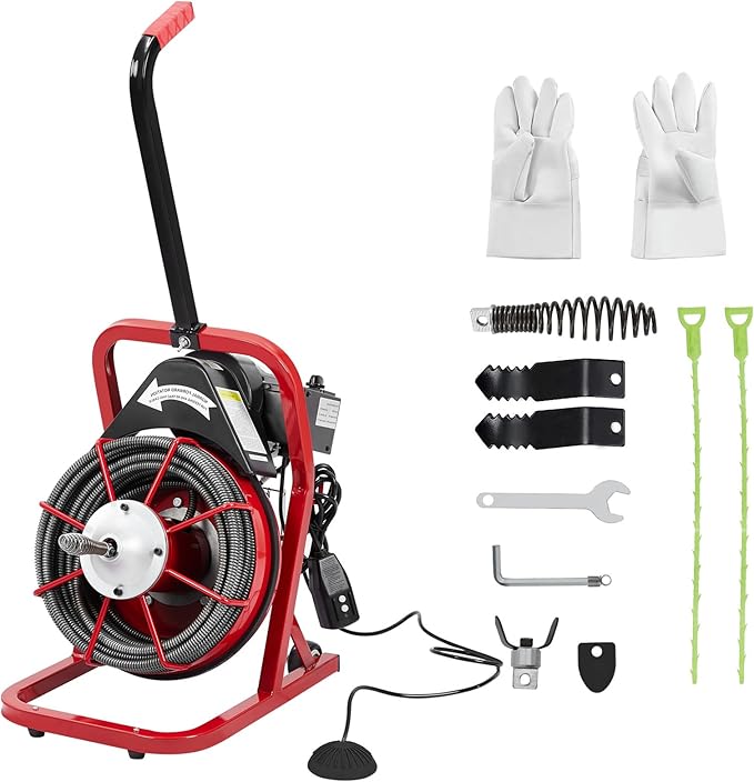 GarveeLife 75 ft 1/2 in Electric Drain Cleaner Machine Auto Feed Drain Auger for 1 to 4 in Pipes Professional Sewer Snake with 4 Cutters Gloves Heavy Duty Clog Remover