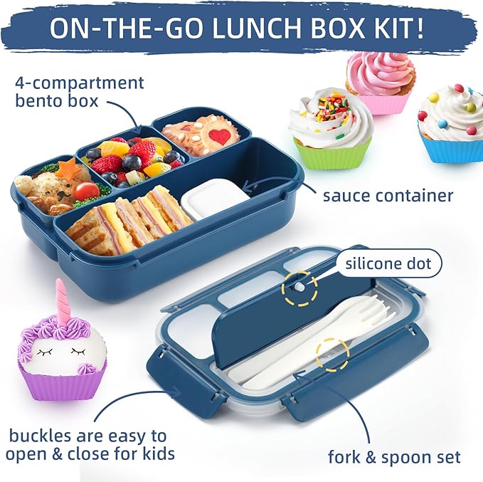 QQKO Bento Box Adult Lunch Box, Lunch Containers for Adults Men Women, Kids Lunch Boxes for School with 4 Compartments, Sauce Container