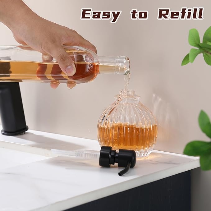 Round Soap Dispenser Bathroom with Black Pump, Glass Pump Bottle with Stainless Steel Pump Liquid Sphere Soap Dispenser Circular Countertop Kitchen