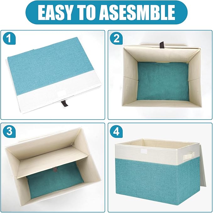 Large 17" 42 Quarts Collapsible Stackable Storage Bins with Lids [3-Pack] Foldable Fabric Linen Storage Boxes Cube