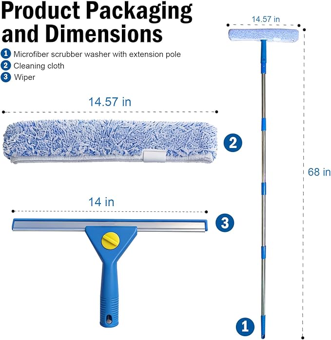 68" Window Washing Kit with Extension Pole, Long Handle Window Squeegee and Scrubber, Window Cleaner Tool for High Outdoor Windows, Glass