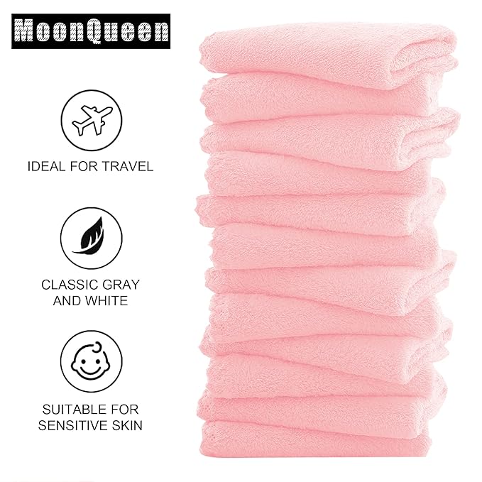 MOONQUEEN Microfiber Facial Cloths Fast Drying Washcloth 12 Pack - Premium Soft Makeup Remover Cloths - Pink